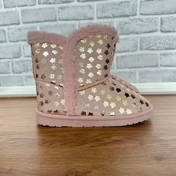 🦋Girls Winter Boots Sz 5 Flower Rose Gold Metallic Butterfly Faux-Fur Slipper🦋 - Picture 2 of 9